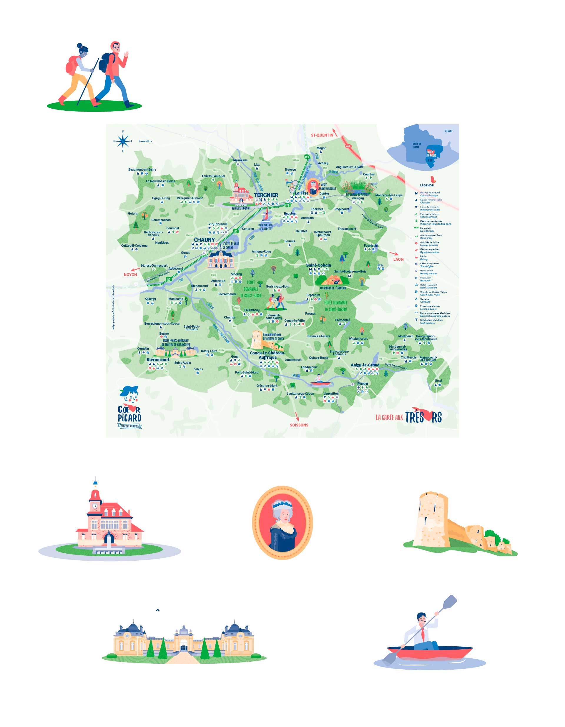 carte touristique illustrée de la destination Cœur de picard - Par le studio de design graphique okowoko à Amiens dans les Hauts de France