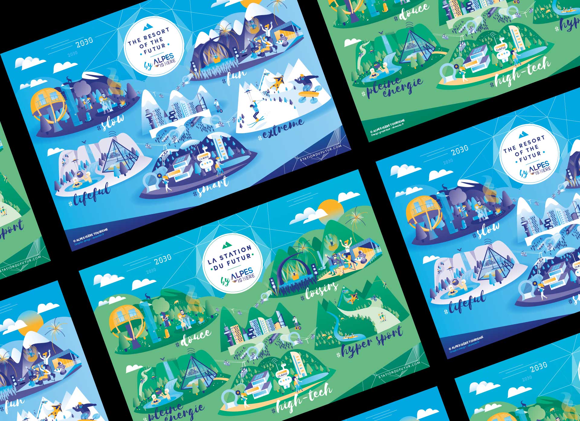 illustration de la station de ski du futur pour Isère tourisme - Par le studio de design graphique okowoko à Amiens dans les Hauts de France