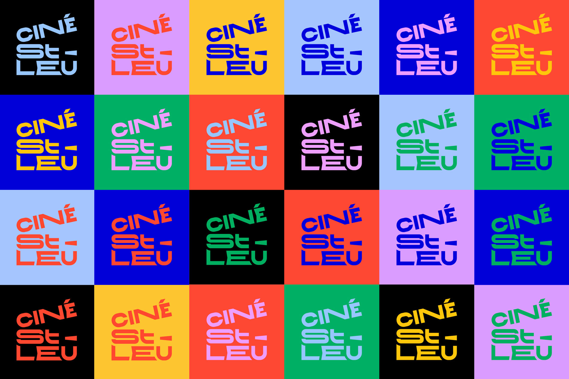 mosaïque de logos du ciné st leu dans toutes ses variantes couleurs. Le logo a été créé par le studio de design graphique Okowoko à Amiens, dans les Hauts de France