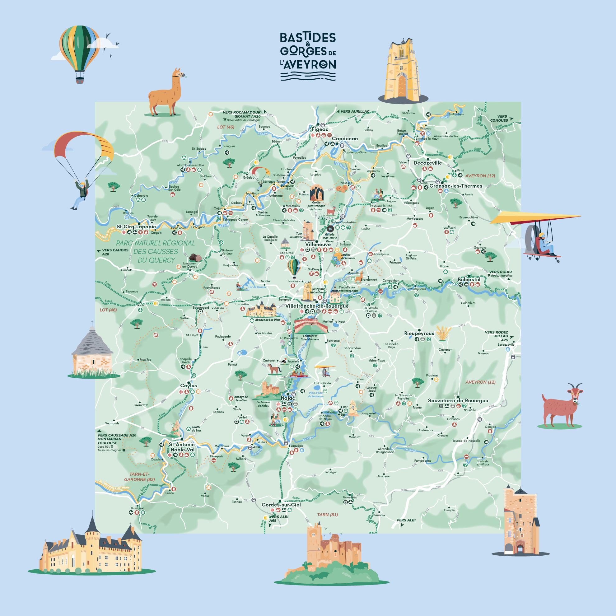 carte touristique illustrée de la destination Bastides & Gorges de l'Aveyron - Par le studio de design graphique okowoko à Amiens dans les Hauts de France