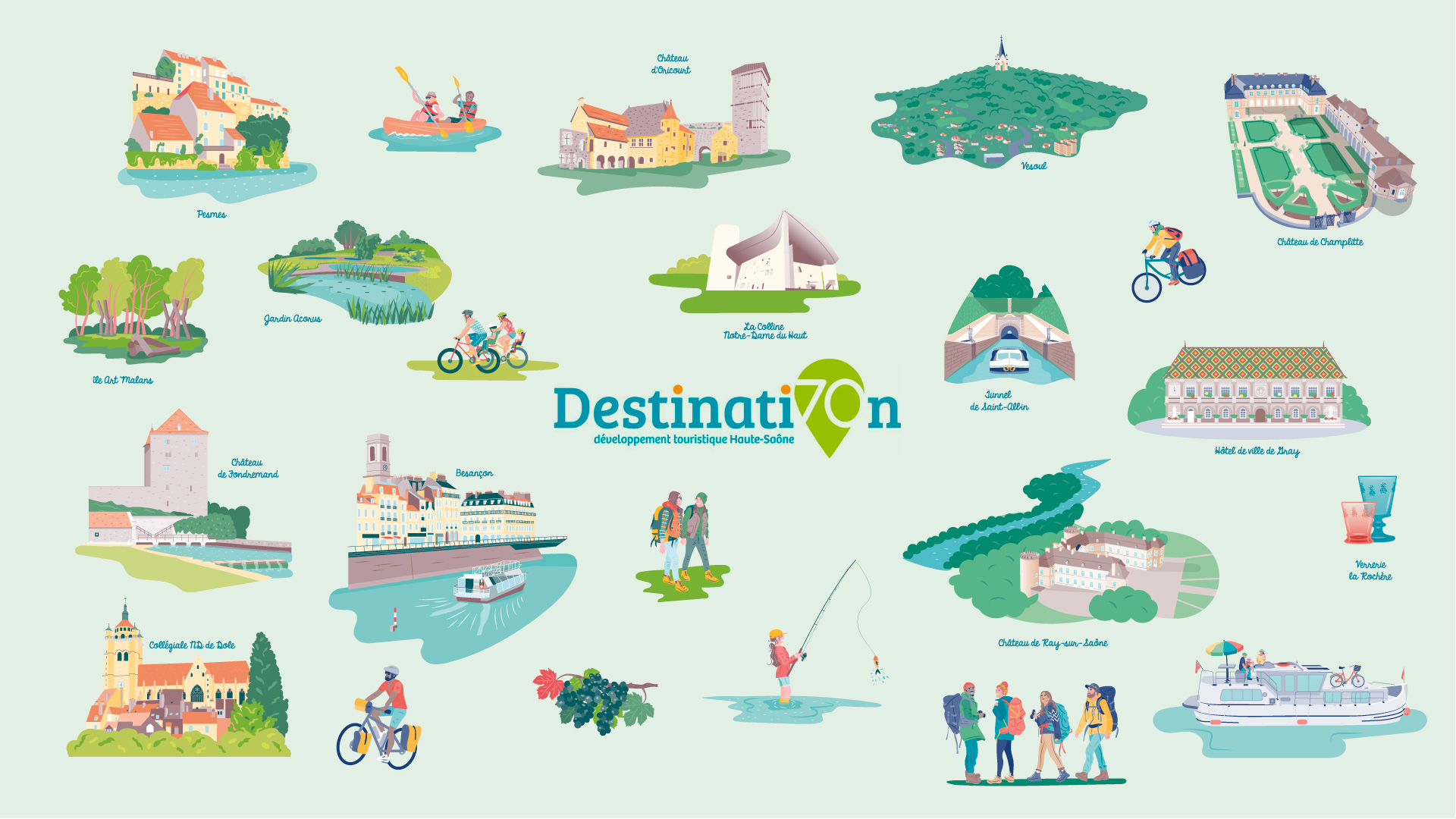 Ensemble d'illustrations réalisées pour les cartes touristiques de Destination 70 : Vosges du Sud, Vesoul Val de Saône et la Vallée de l'Ognon. Par le studio de design graphique okowoko à Amiens Hauts de France