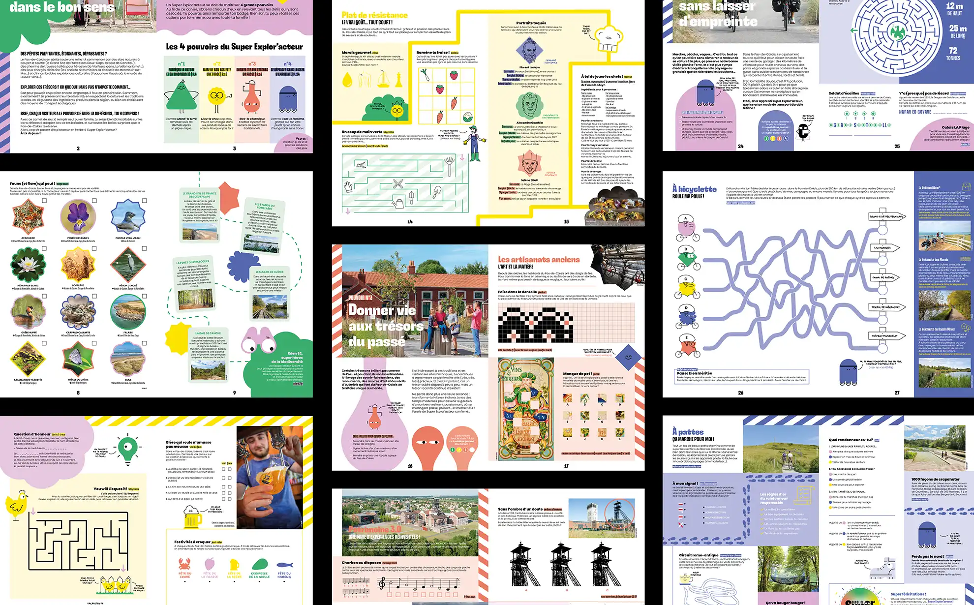 conception d'un cahier de vacances autour du tourisme durable pour le pas de calais, illustrations, design graphique, conception des jeux par le studio okowoko à Amiens